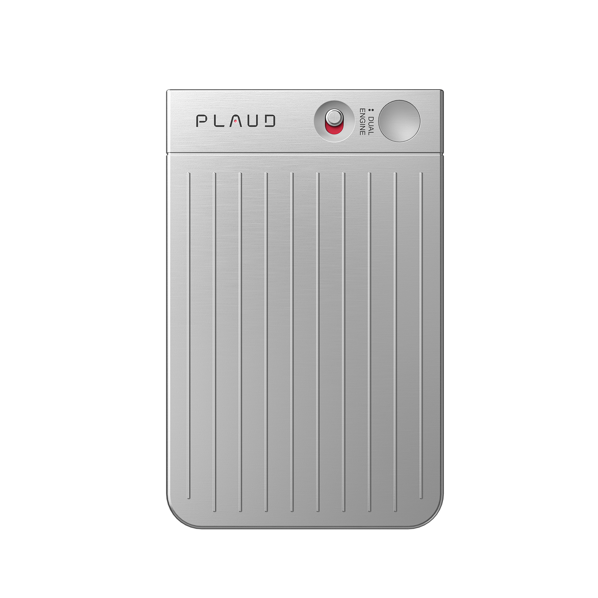 Silver Plaud Note AI voice recorder with vertical ridges, a dual engine switch, and a recording button.
