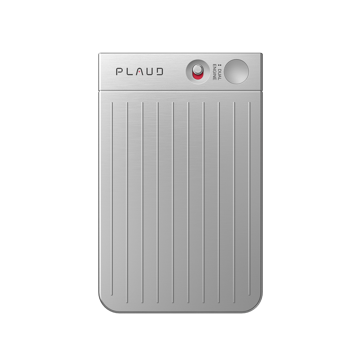 Silver Plaud Note AI voice recorder with vertical ridges, a dual engine switch, and a recording button.