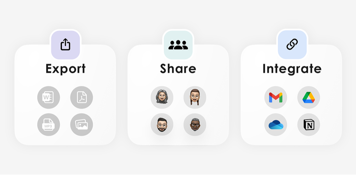 Plaud Intelligence features: Export to Word/PDF, share with teams, and integrate with Gmail, Drive, and Notion.