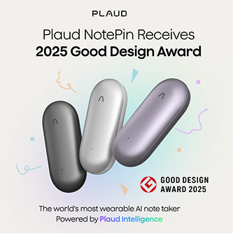 Plaud NotePin receives the 2025 Good Design Award. Shown in three colors: black, silver, and purple.