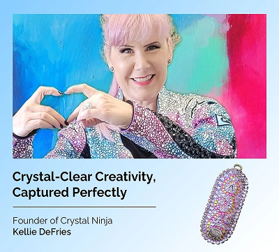 Kellie DeFries of Crystal Ninja with a crystal-encrusted Plaud NotePin.