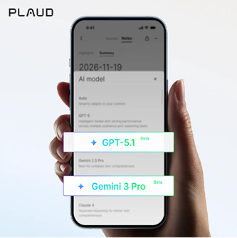 Plaud app interface showing AI model selection options including GPT-5.1, Gemini 3 Pro, and Claude 4.