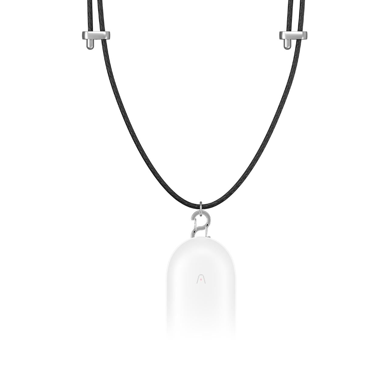 Plaud NotePin AI voice recorder shown as a wearable necklace accessory.