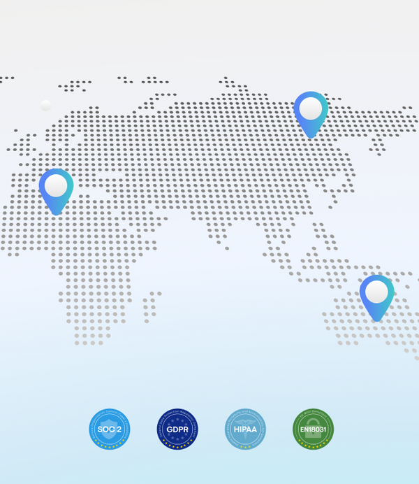 Global map with SOC 2, GDPR, HIPAA, and EN18031 compliance badges highlighting Plaud's data security standards.