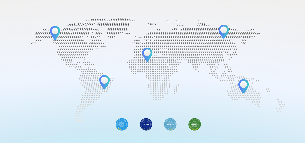 World map with location pins and security badges for SOC 2, GDPR, HIPAA, and ISO, showing Plaud's global data protection.