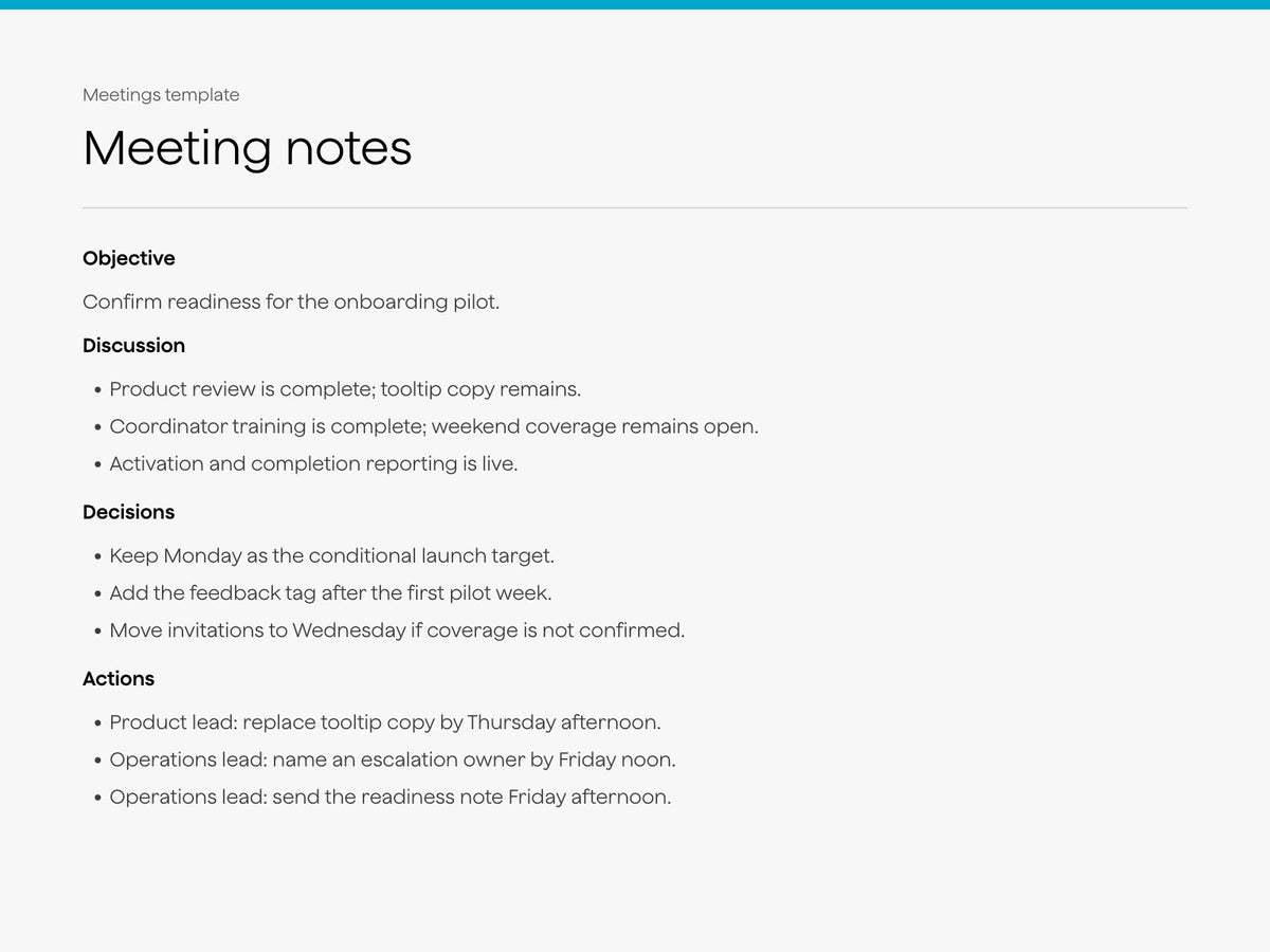 Meeting notes template with objective, discussion, decisions, and actions