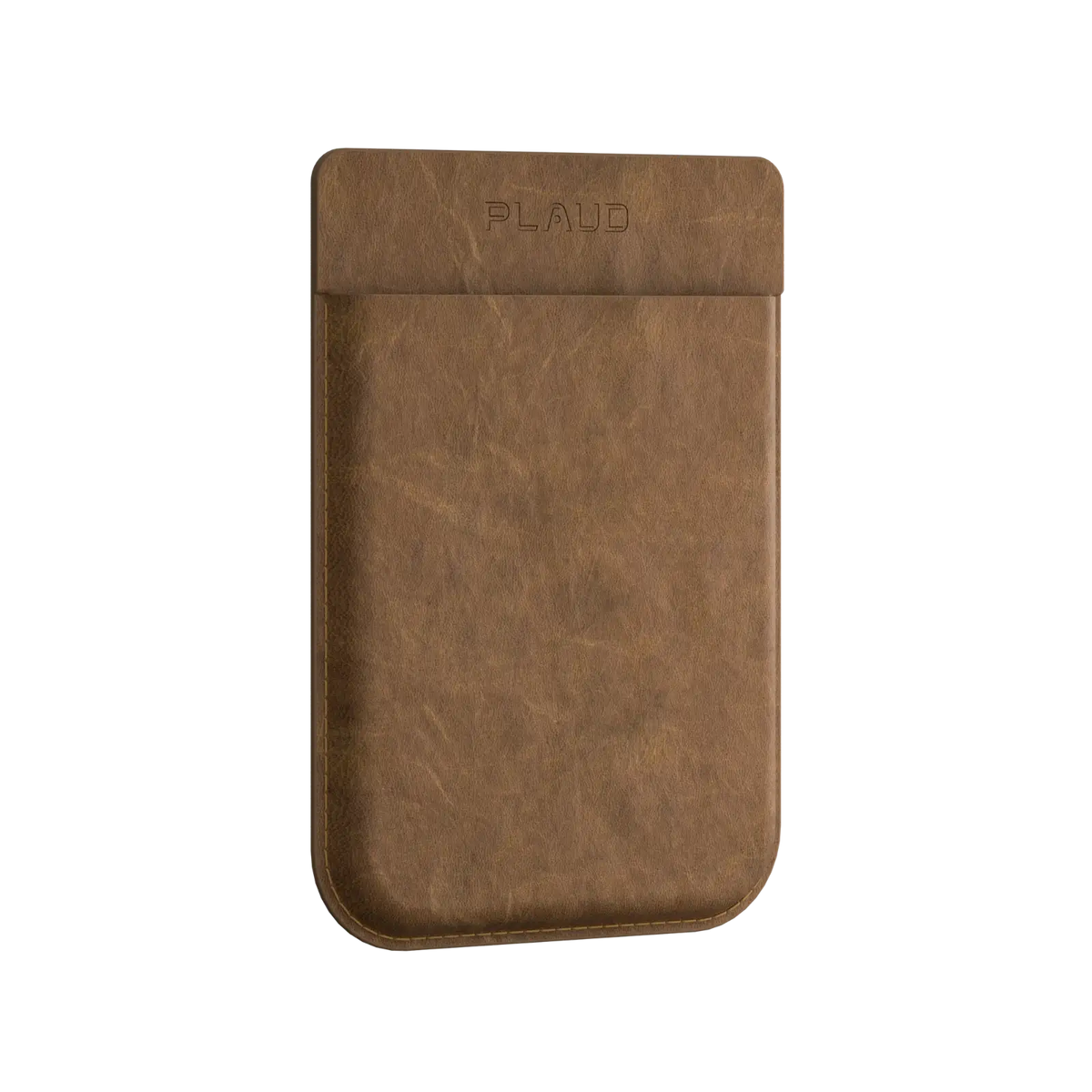 Brown leather case for the Plaud Note AI voice recorder with embossed Plaud logo.
