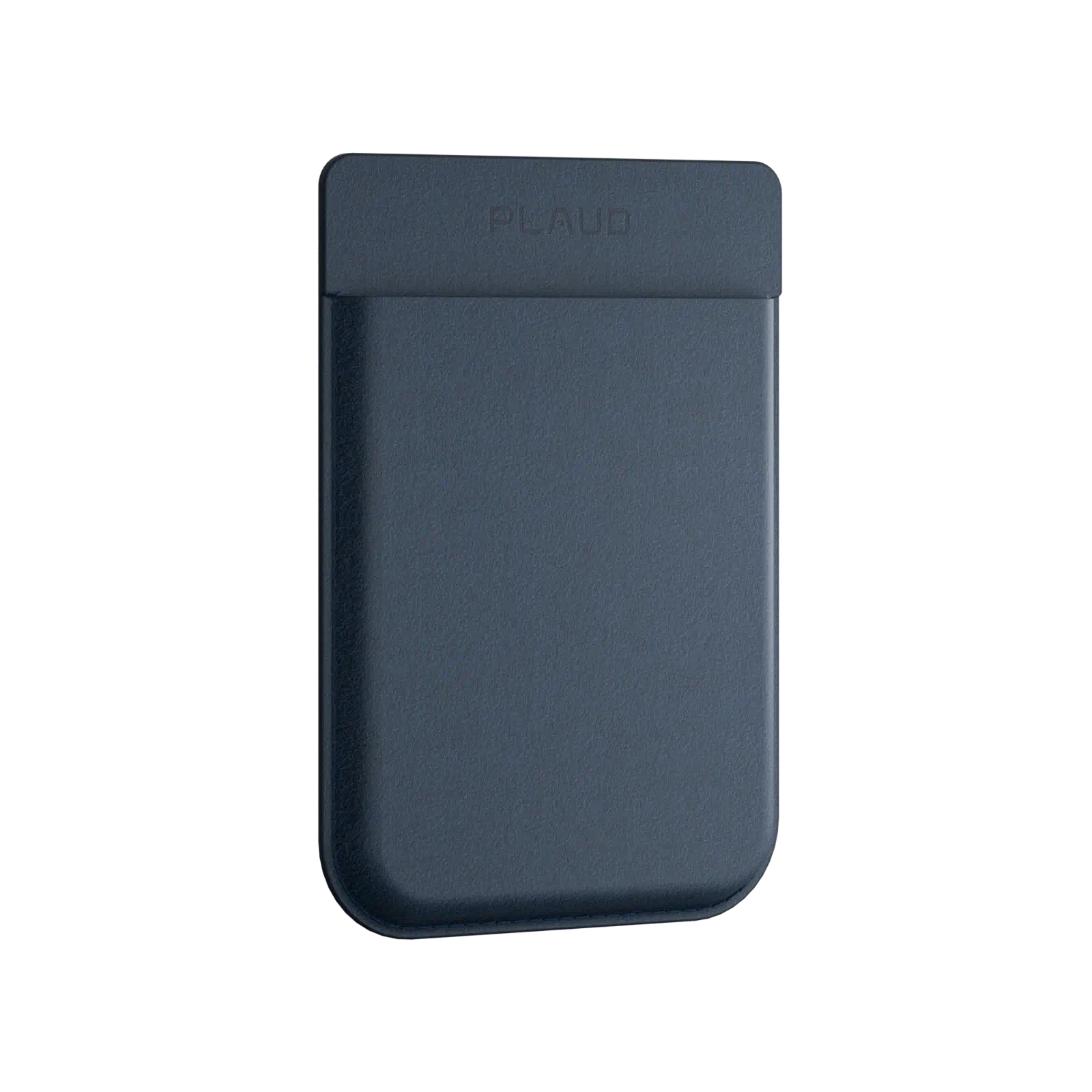 Navy blue Plaud Note AI voice recorder in its slim leather case.