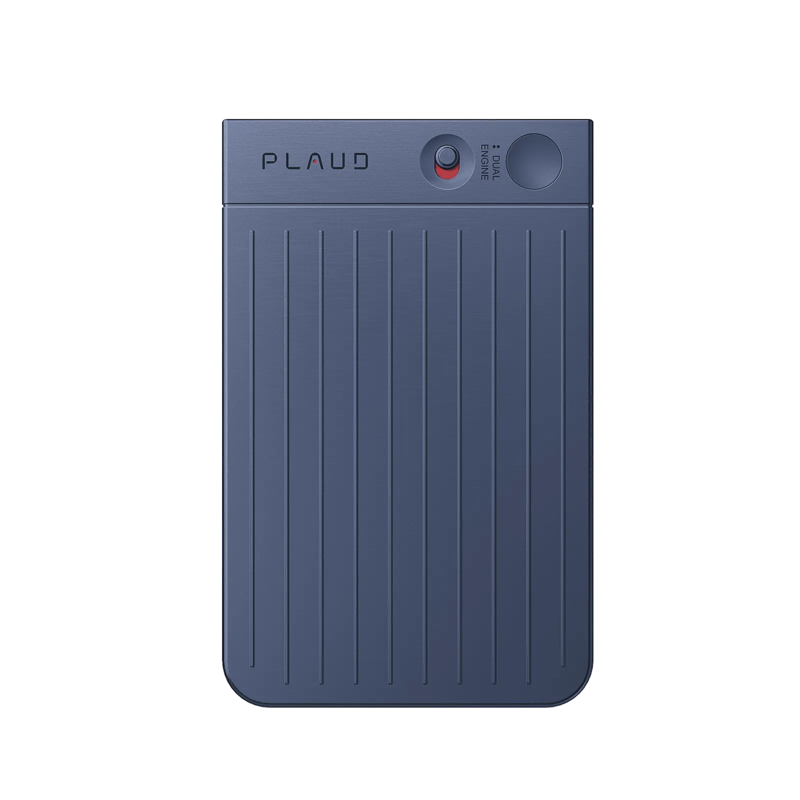 Slim navy blue Plaud Note AI voice recorder with vertical ridges, logo, and dual engine recording switch.