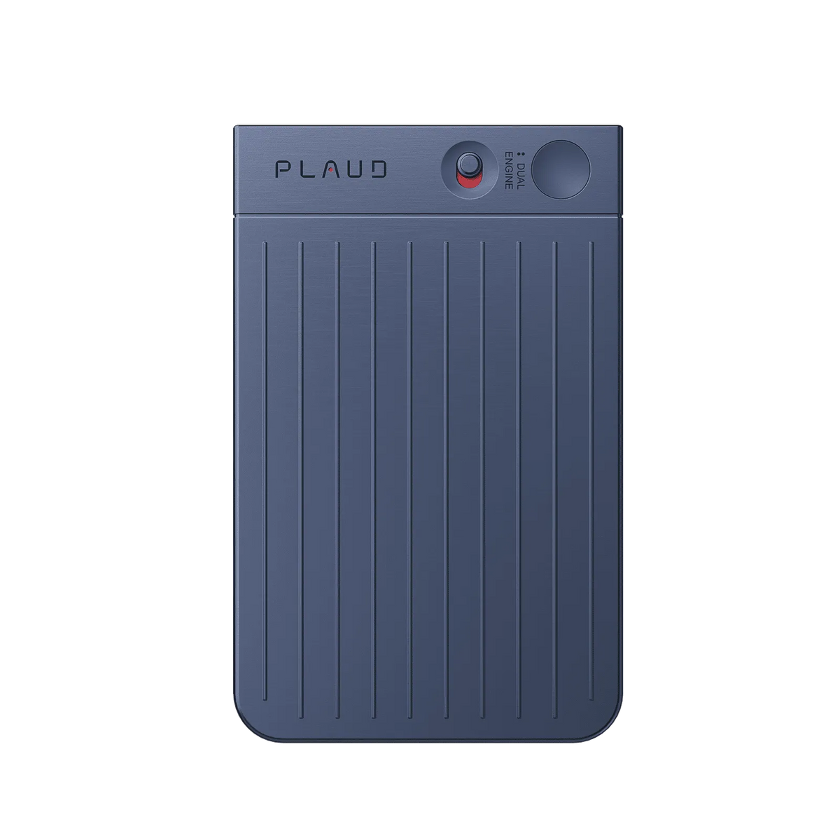 Slim navy blue Plaud Note AI voice recorder with vertical ridges, logo, and dual engine recording switch.