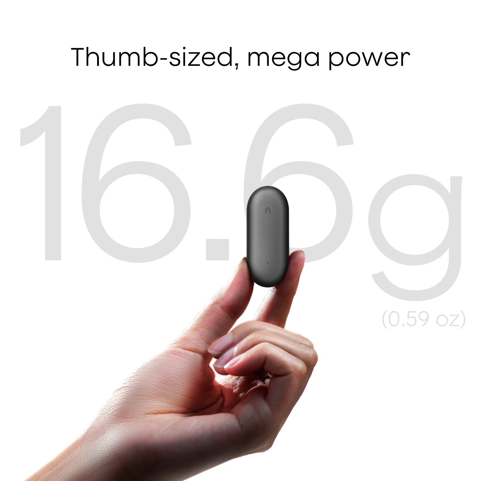 A hand holds the thumb-sized Plaud NotePin, highlighting its lightweight 16.6g (0.59 oz) design.