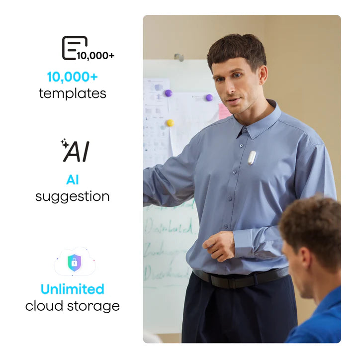 Plaud NotePin worn by a presenter, featuring 10,000+ templates, AI suggestions, and unlimited cloud storage.