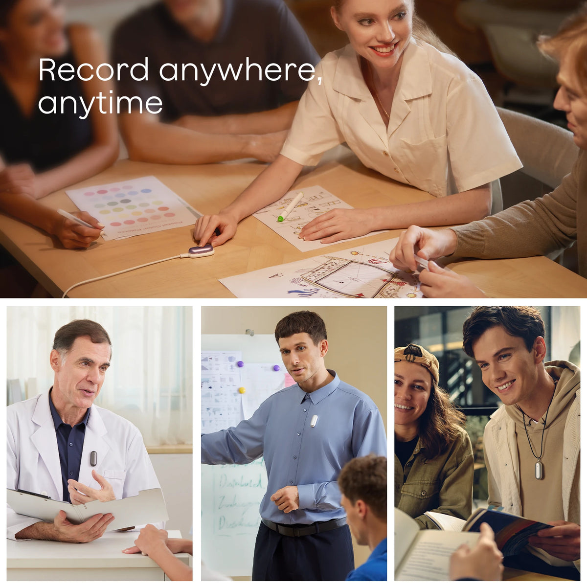 People using the Plaud NotePin to record in meetings, medical consultations, presentations, and while studying.