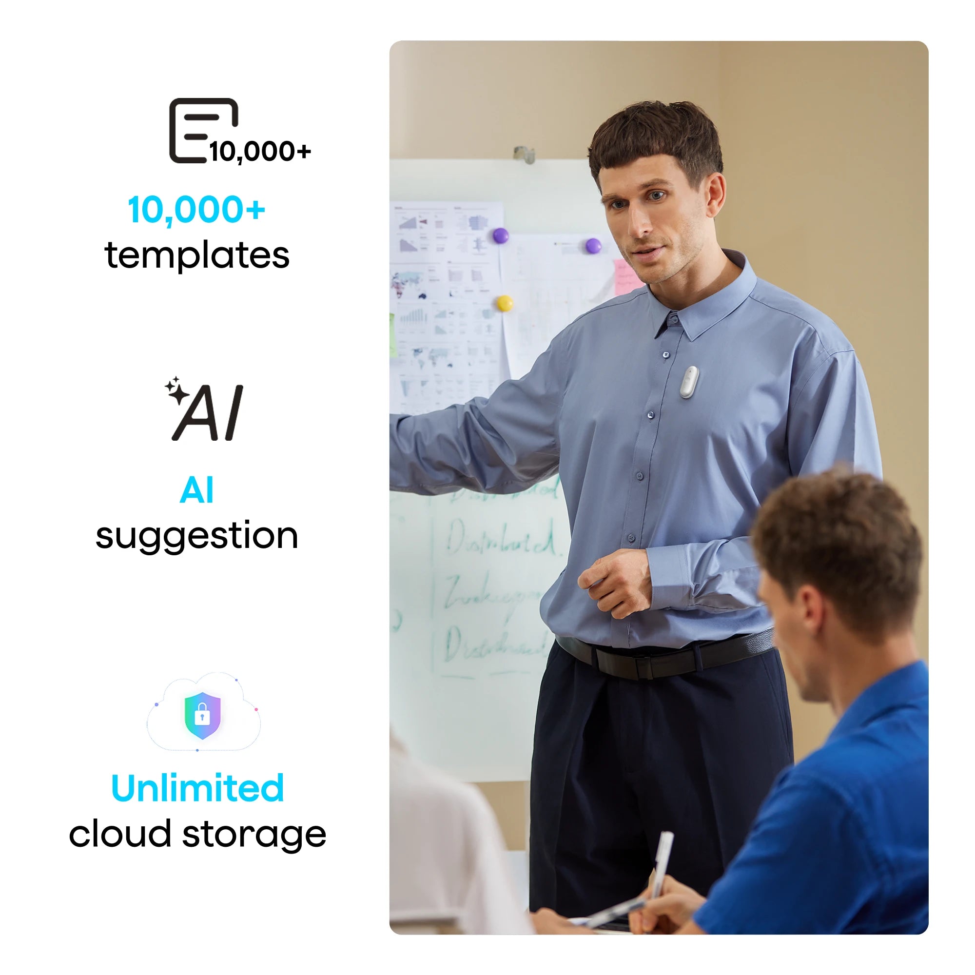Professional wearing Plaud NotePin with features: 10,000+ templates, AI suggestion, and unlimited cloud storage.