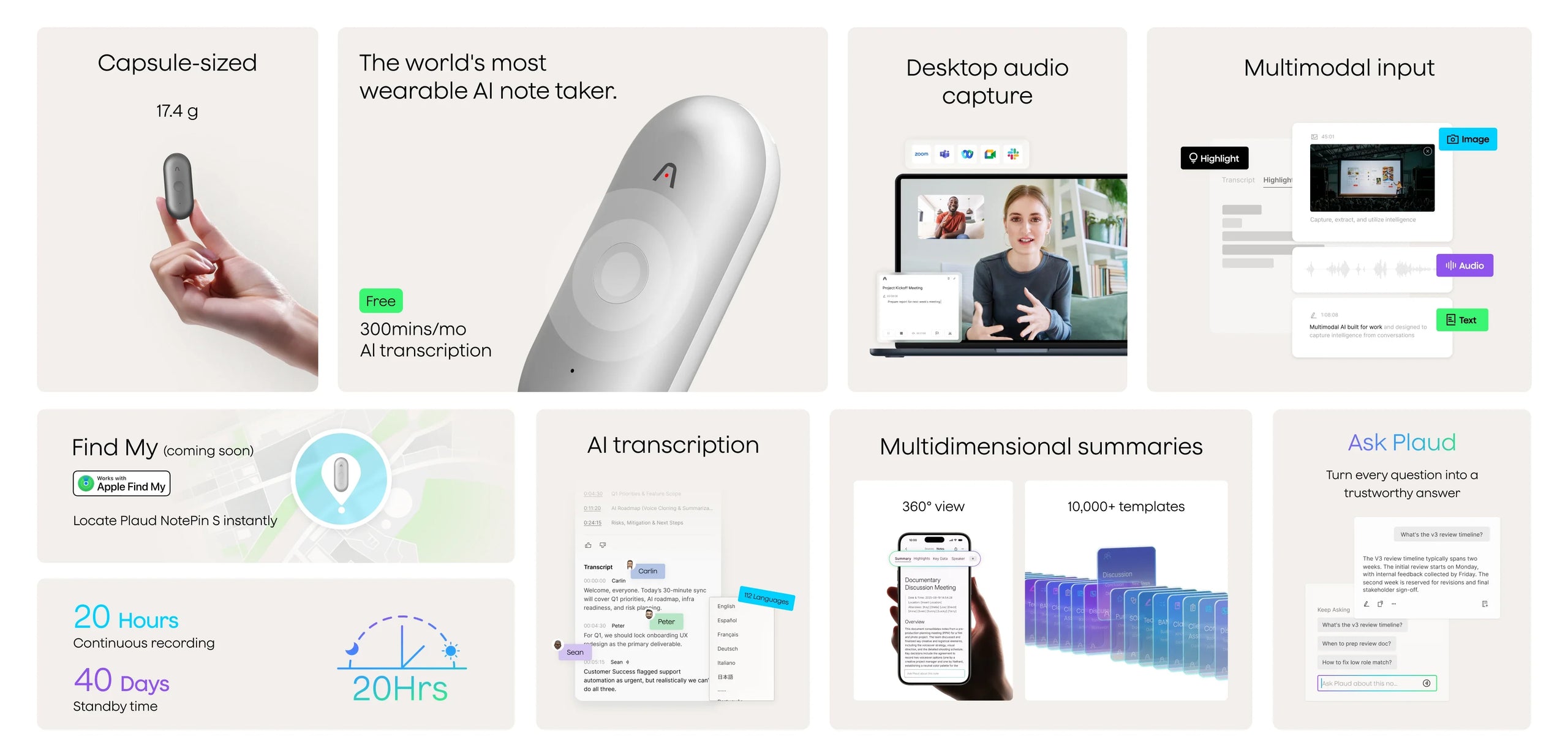 Plaud NotePin features: capsule-sized AI note taker with 20h recording, AI transcription, and Ask Plaud assistant.