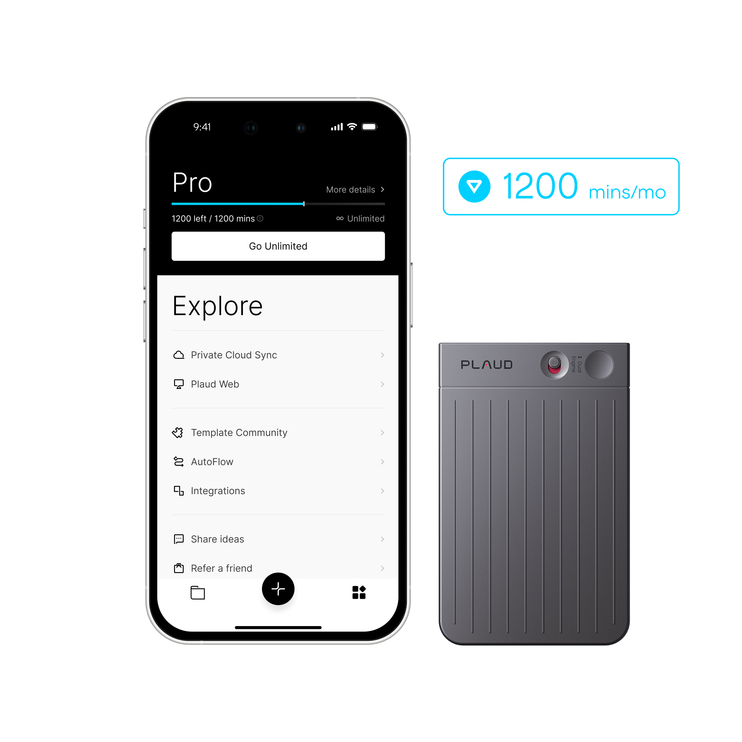 A smartphone displaying a productivity app sits next to the Plaud Note & AI Annual Pro Plan device, a small, rectangular, gray gadget labeled PLAUD. A blue icon above indicates a 1200 mins/mo limit as part of the plan. Ideal for capturing meeting notes, this setup features dual-mode recording and AI-powered transcription for efficient documentation.