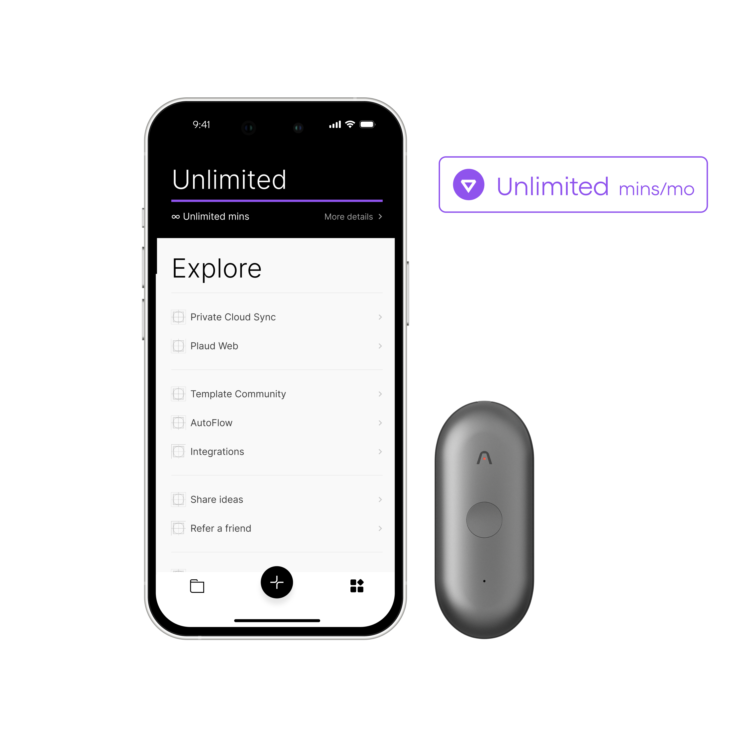 A smartphone displaying the Plaud NotePin & AI Annual Unlimited Plan app with a small, gray, oval device beside it. A purple icon shows “Unlimited mins/mo” on a light background, emphasizing features like unlimited transcription and advanced AI-powered transcribing capabilities.