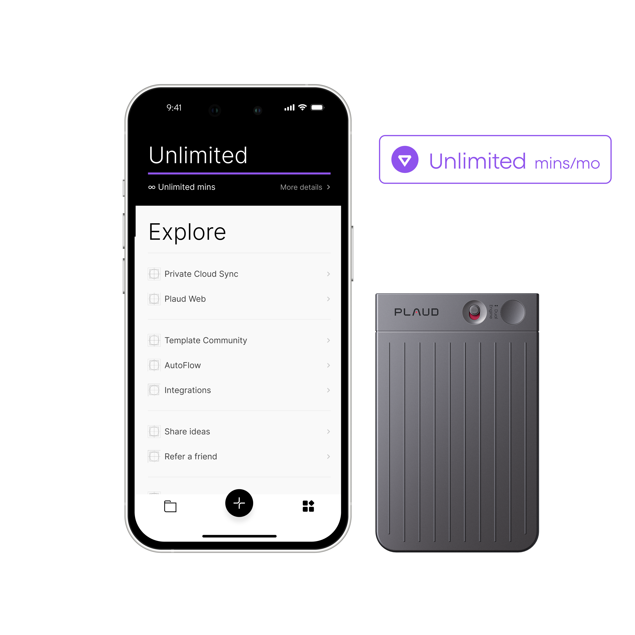 A smartphone displaying the Plaud Note app interface sits beside a gray rectangular device labeled PLAUD. The screen showcases the AI Annual Unlimited Plan, with a highlighted dual-mode recording feature under Explore for versatile audio capture. An icon on the right reads “Unlimited mins/mo,” emphasizing the app’s unlimited transcription capabilities powered by advanced AI technology.