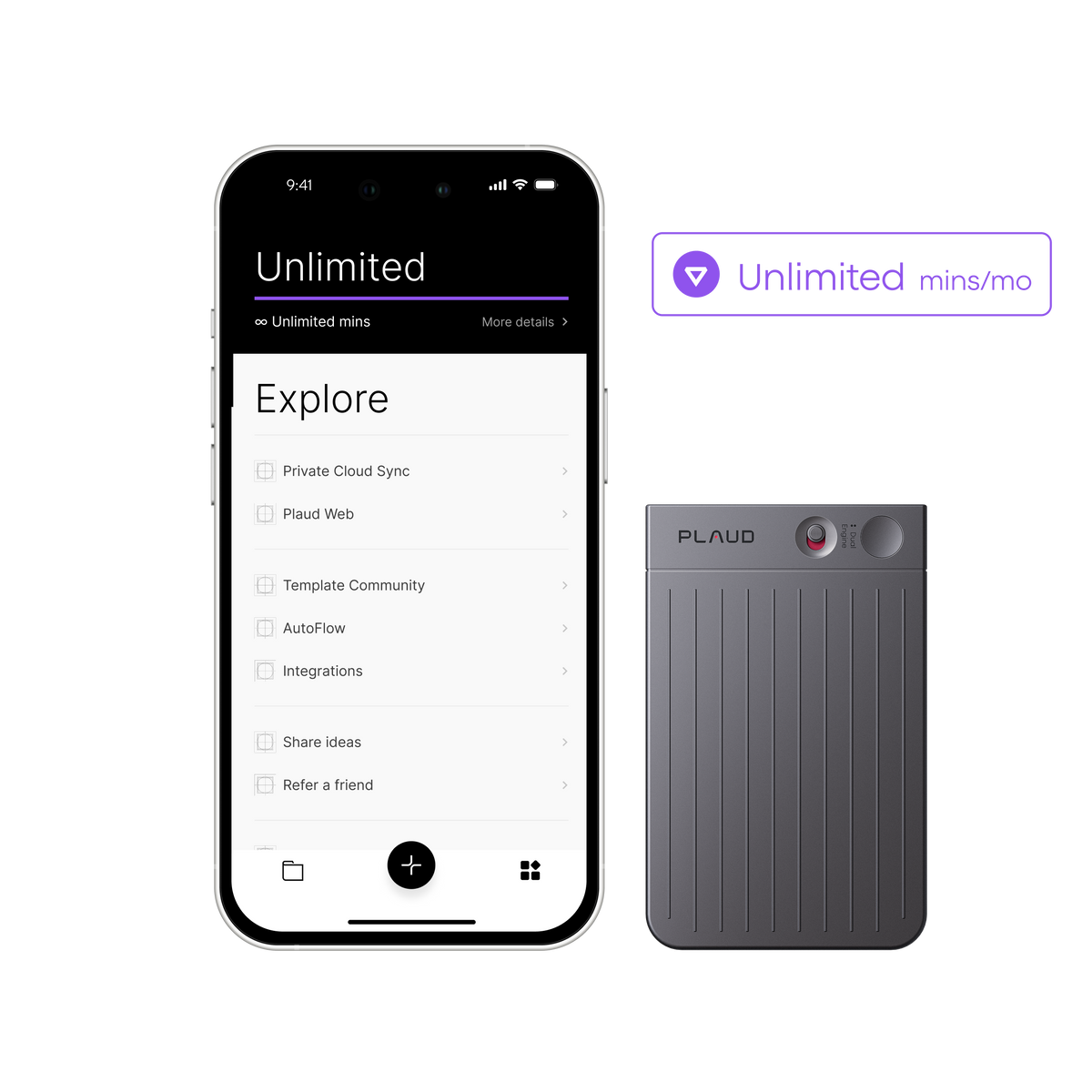A smartphone displaying the Plaud Note app interface sits beside a gray rectangular device labeled PLAUD. The screen showcases the AI Annual Unlimited Plan, with a highlighted dual-mode recording feature under Explore for versatile audio capture. An icon on the right reads “Unlimited mins/mo,” emphasizing the app’s unlimited transcription capabilities powered by advanced AI technology.