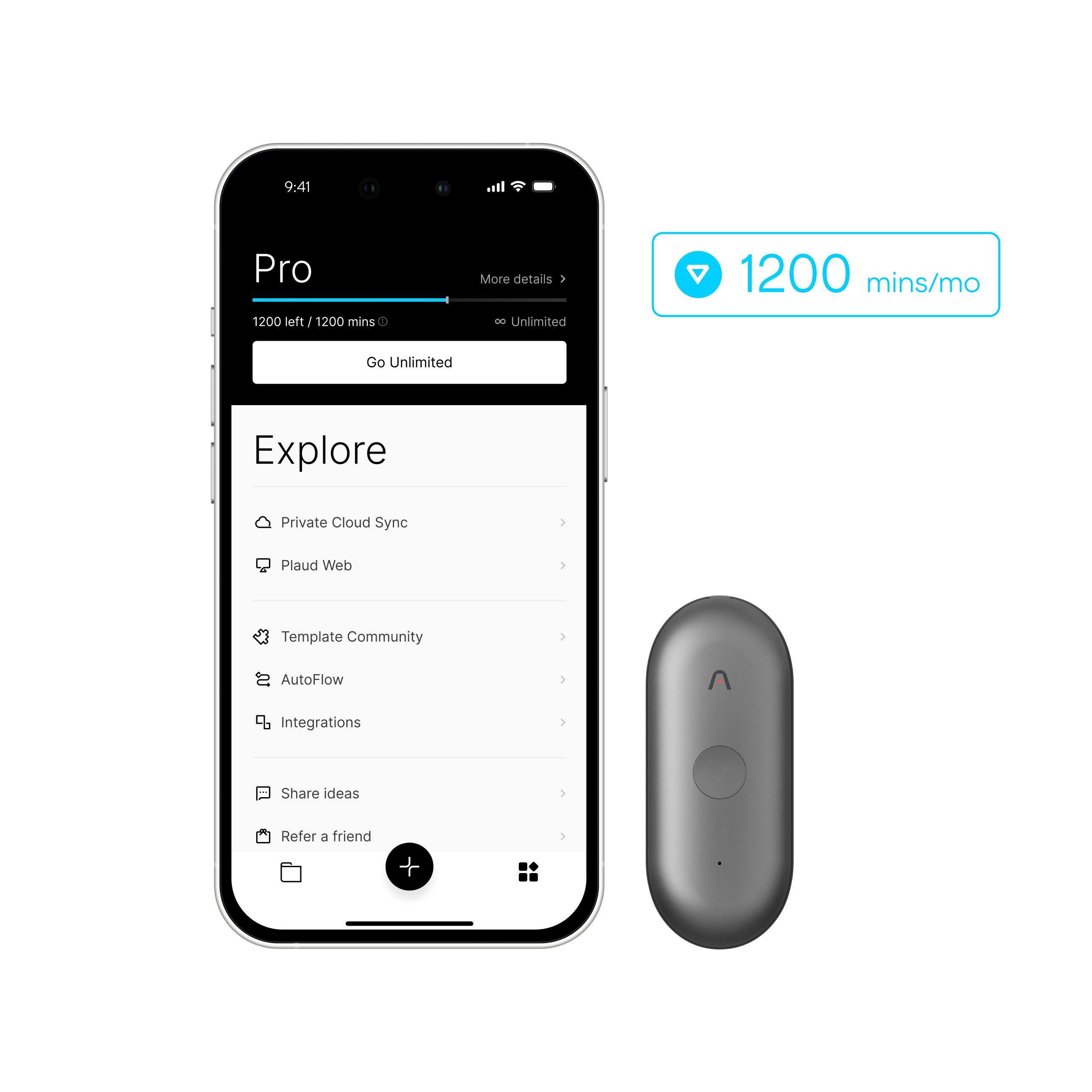 A Plaud NotePin device sits beside a smartphone displaying the productivity app with the AI Annual Pro Plan activated. A blue icon highlights 1200 mins/mo of AI transcription, while the app menu showcases features such as Private Cloud Sync, Template Community, and Integrations.