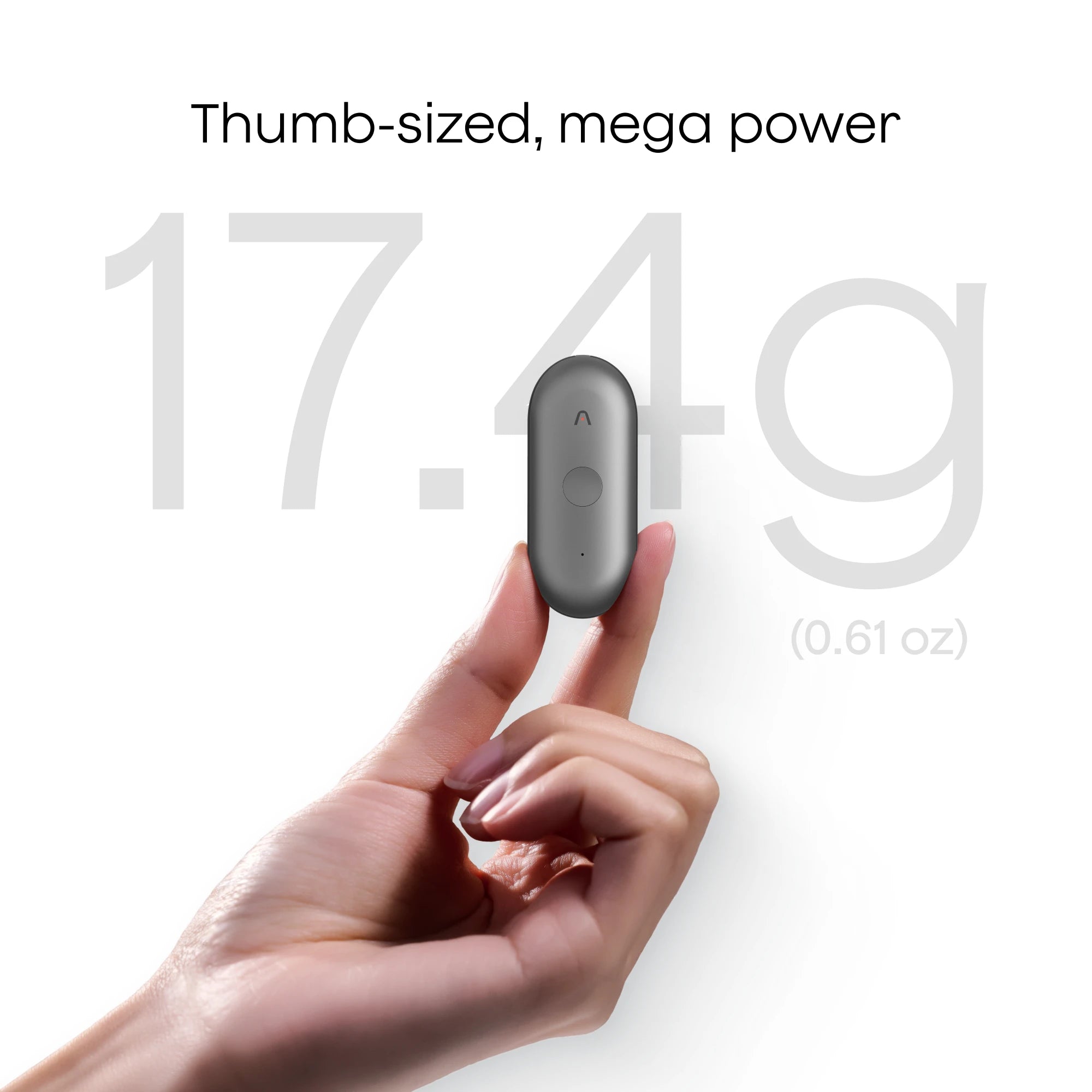 A hand holds the thumb-sized PLAUD NotePin, weighing only 17.4g (0.61 oz).