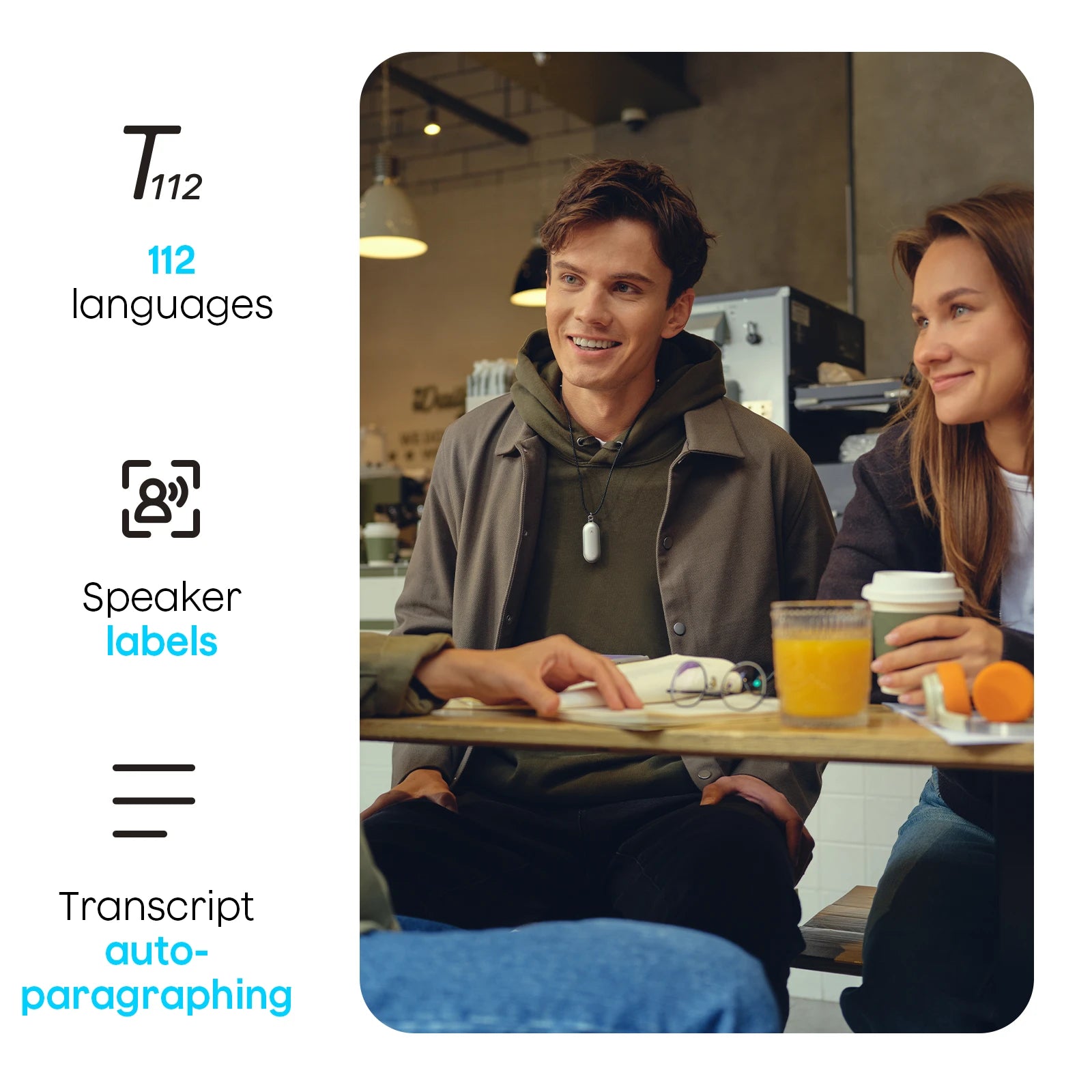 Plaud NotePin worn by a man in a cafe, featuring 112 languages, speaker labels, and transcript auto-paragraphing.