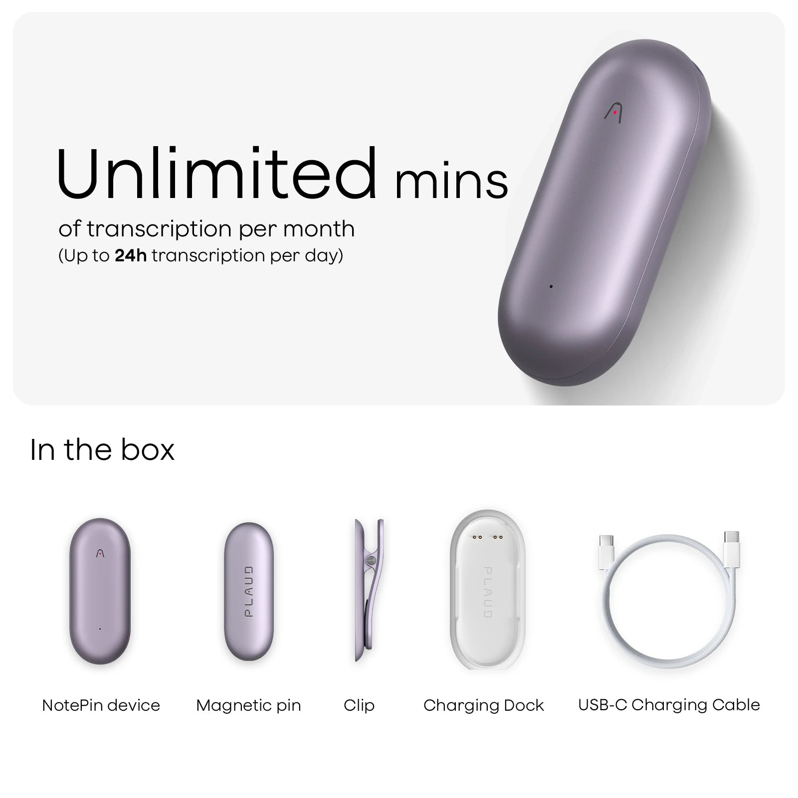 Plaud NotePin with unlimited transcription. Includes NotePin, magnetic pin, clip, charging dock, and USB-C cable.