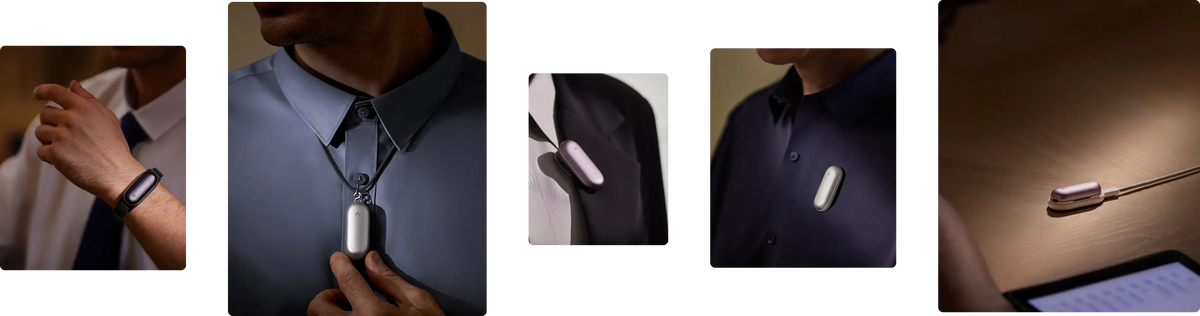 Plaud NotePin shown in various wearing styles: wristband, necklace, and lapel clip, plus charging on a desk.