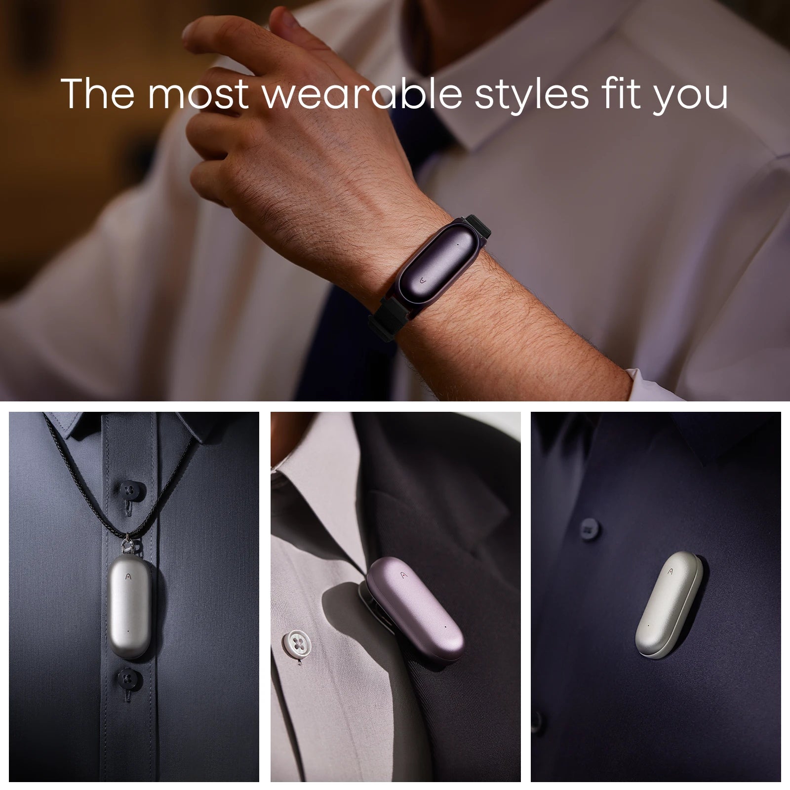 Plaud NotePin worn as a wristband, necklace, lapel clip, and shirt pin to fit different styles.