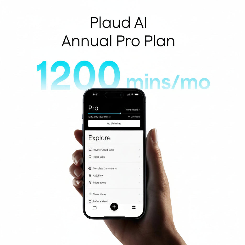 Plaud AI Annual Pro Plan offering 1200 transcription minutes per month, shown on a smartphone app interface.