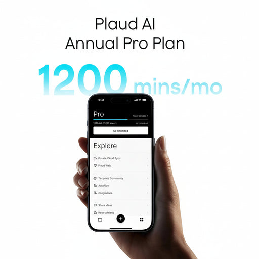 Plaud AI Annual Pro Plan offering 1200 transcription minutes per month, shown on a smartphone app interface.