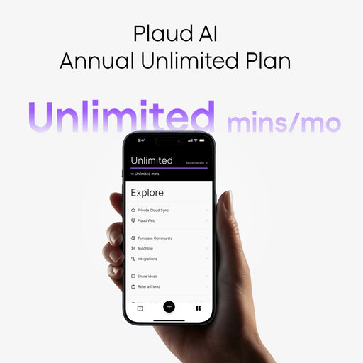 Plaud AI Annual Unlimited Plan featuring unlimited minutes per month, displayed on the Plaud app interface.