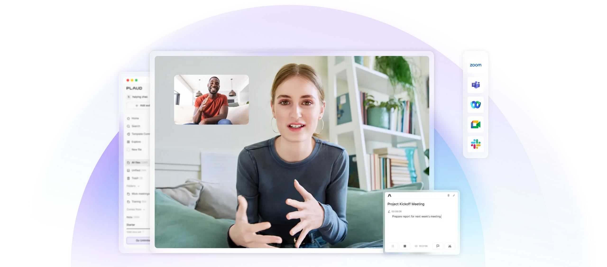 Plaud app transcribing a video meeting across platforms like Zoom, Teams, and Google Meet.