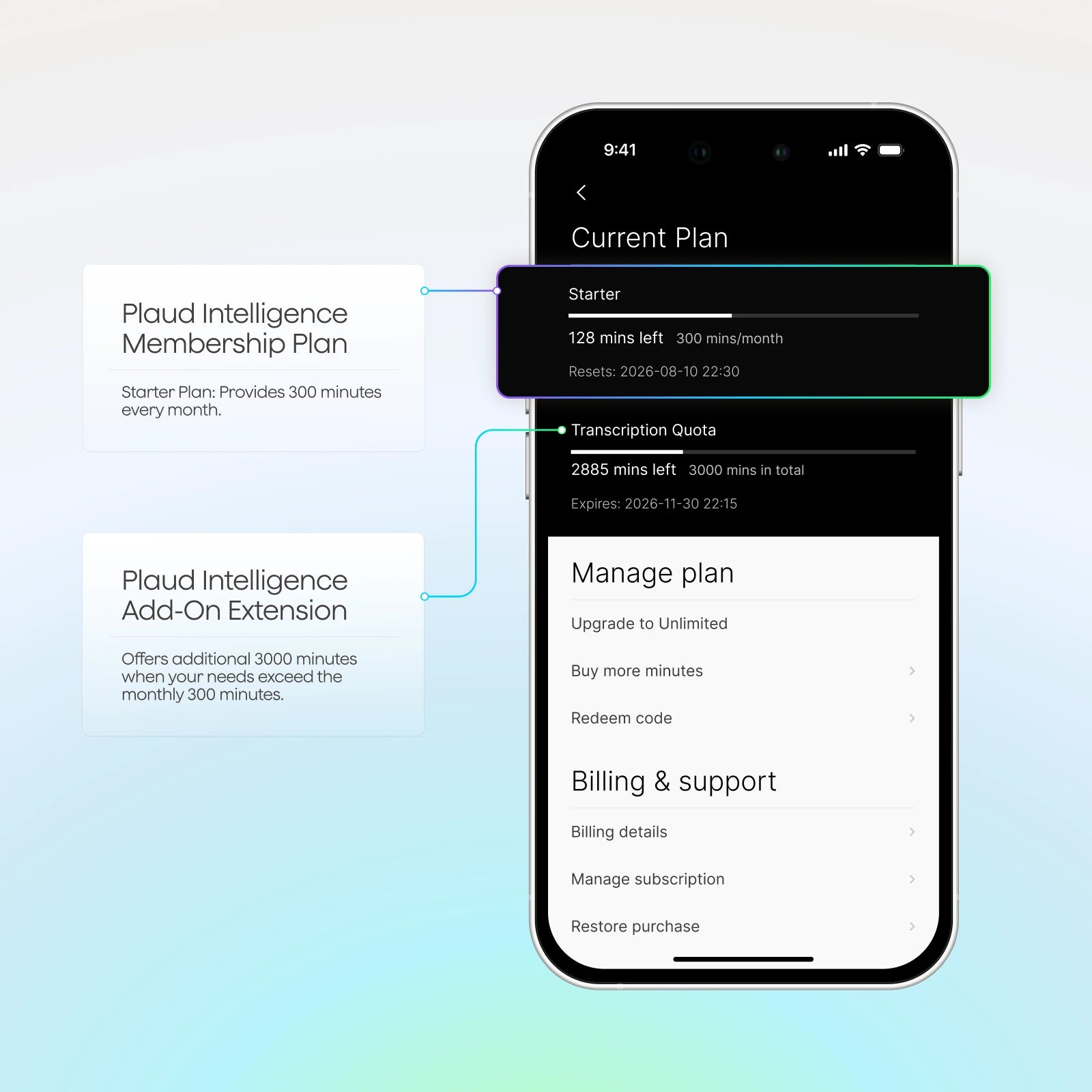 Plaud app showing the Starter Membership Plan with 300 monthly minutes and a 3000-minute Transcription Quota add-on.
