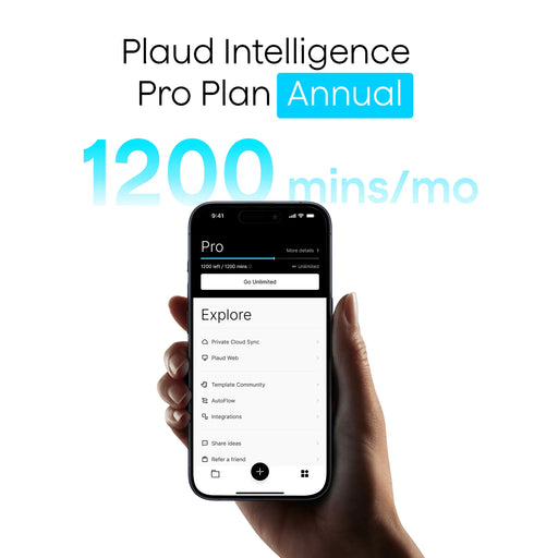 Plaud Intelligence Pro Plan Annual with 1200 mins/mo transcription limit displayed on a smartphone.