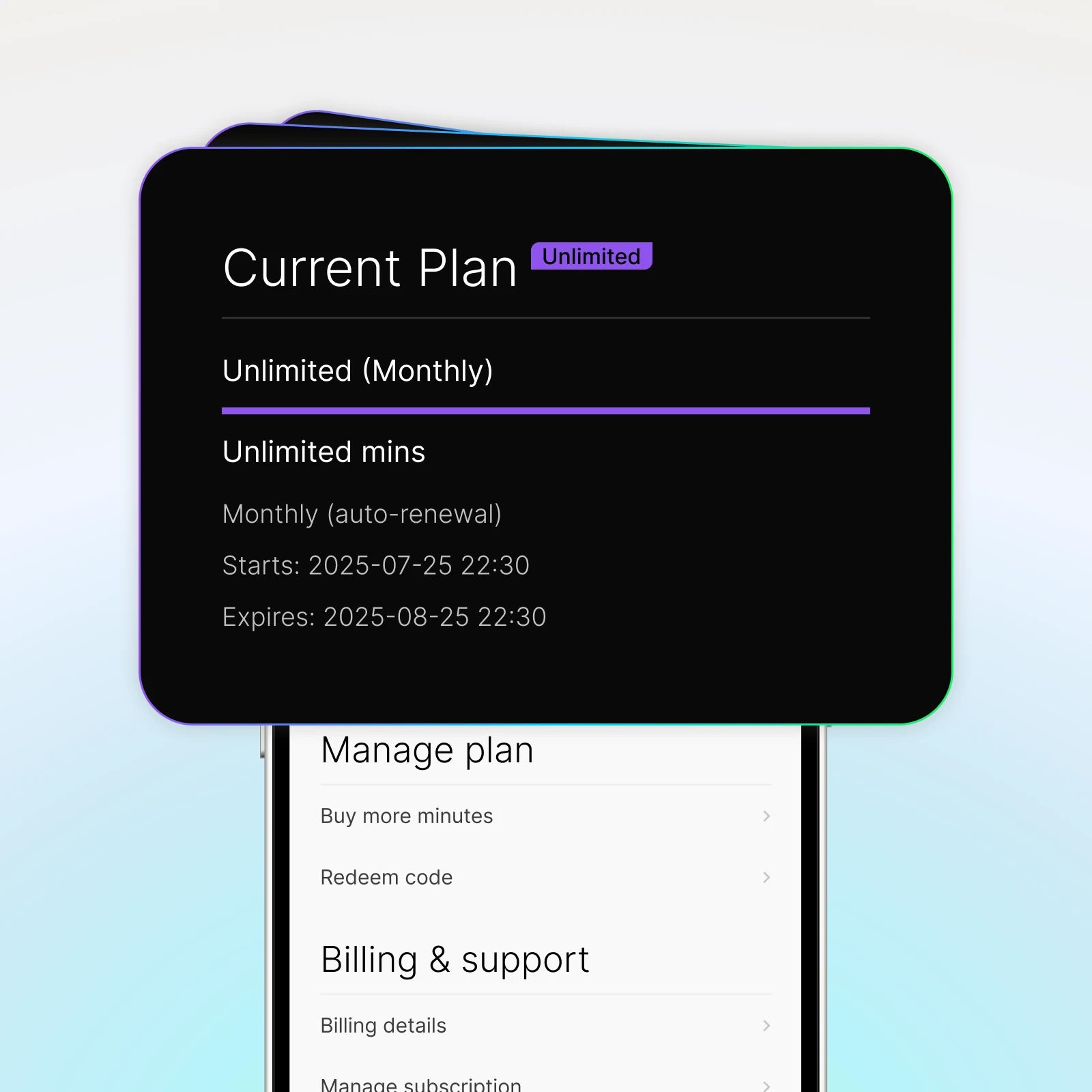 PLAUD app UI displaying the Unlimited Monthly plan details including unlimited minutes and subscription management.
