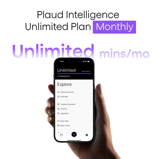 Plaud Intelligence Unlimited Plan Monthly featuring unlimited minutes per month on the Plaud app.