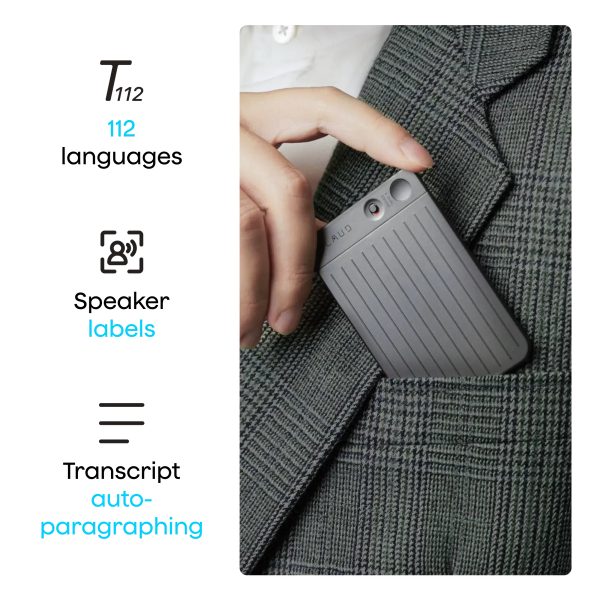 Plaud Note AI recorder in a suit pocket. Features: 112 languages, speaker labels, and auto-paragraphing.