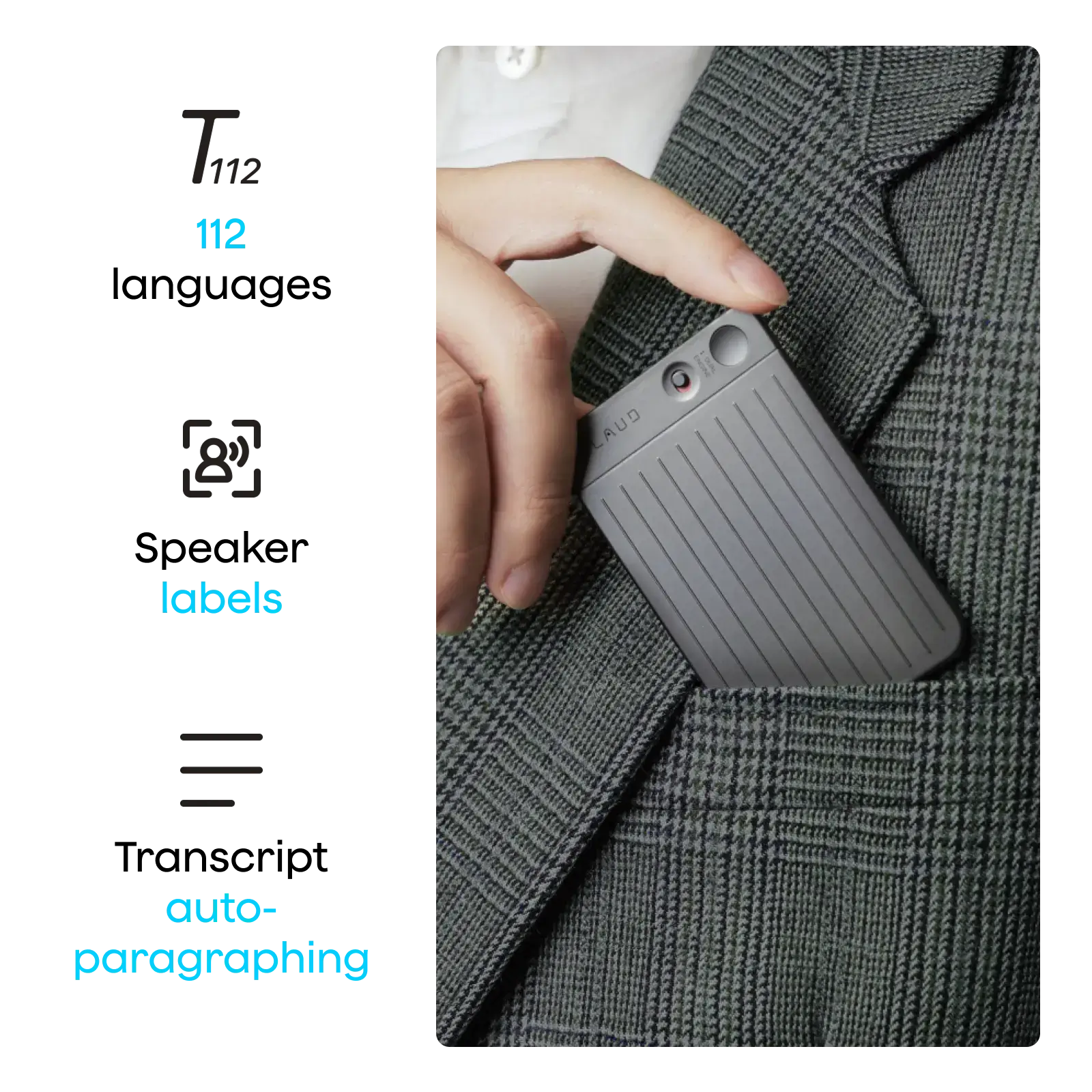 PLAUD NOTE in a suit pocket. Features include 112 languages, speaker labels, and transcript auto-paragraphing.
