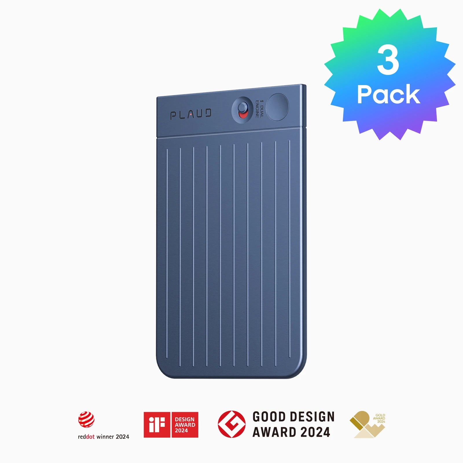 3-pack of the blue PLAUD NOTE AI voice recorder with 2024 design award logos.