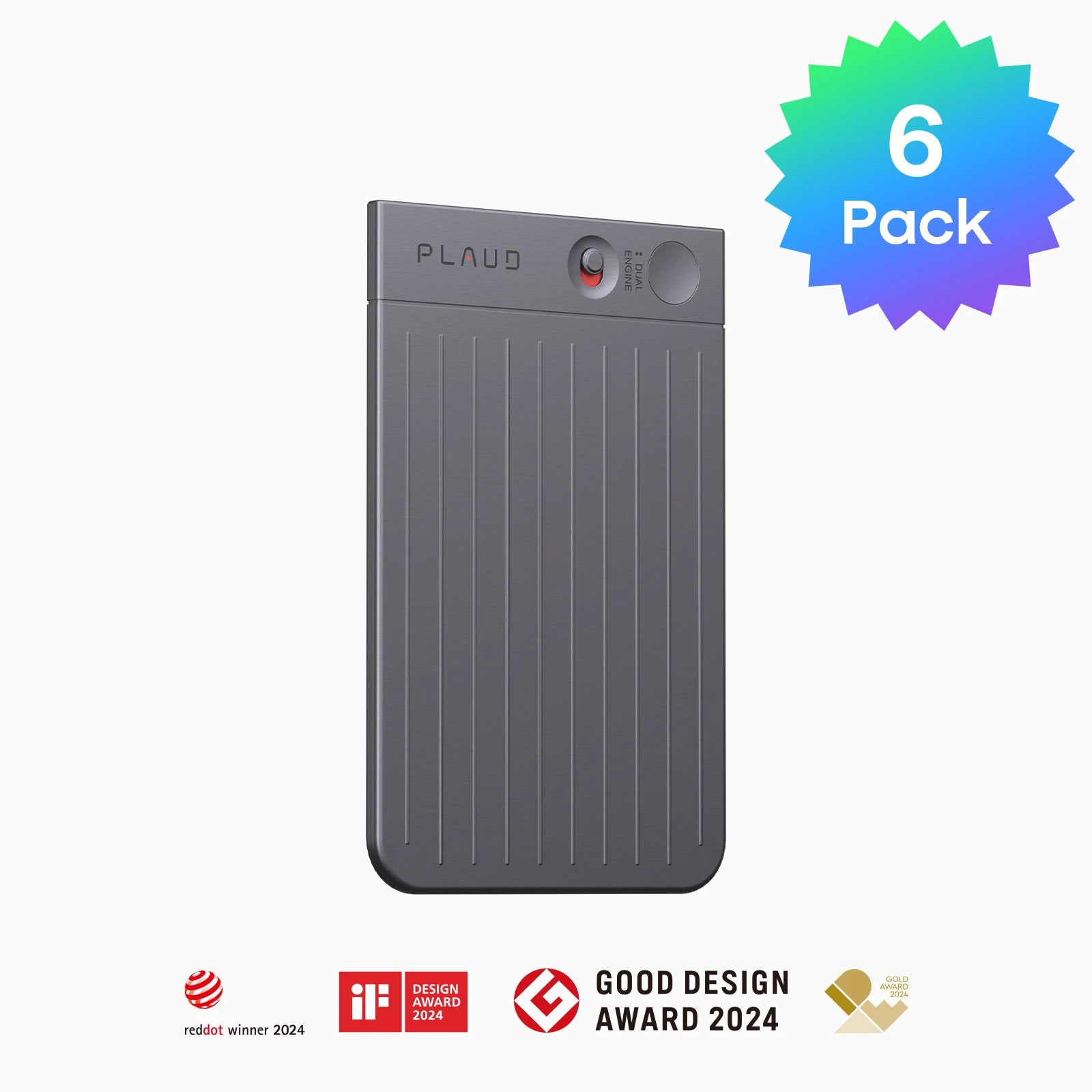 6-pack of gray PLAUD NOTE AI voice recorders with 2024 Red Dot, iF, and Good Design award logos.