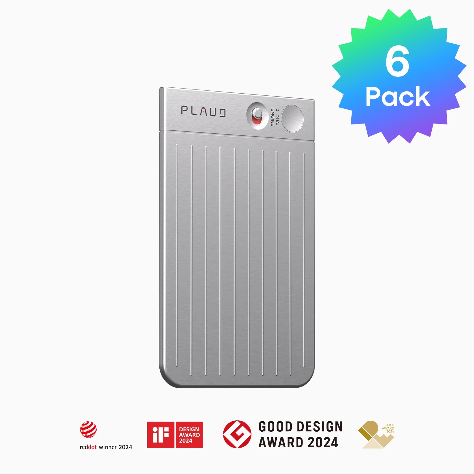 Silver PLAUD NOTE AI voice recorder 6-pack with 2024 design award logos.