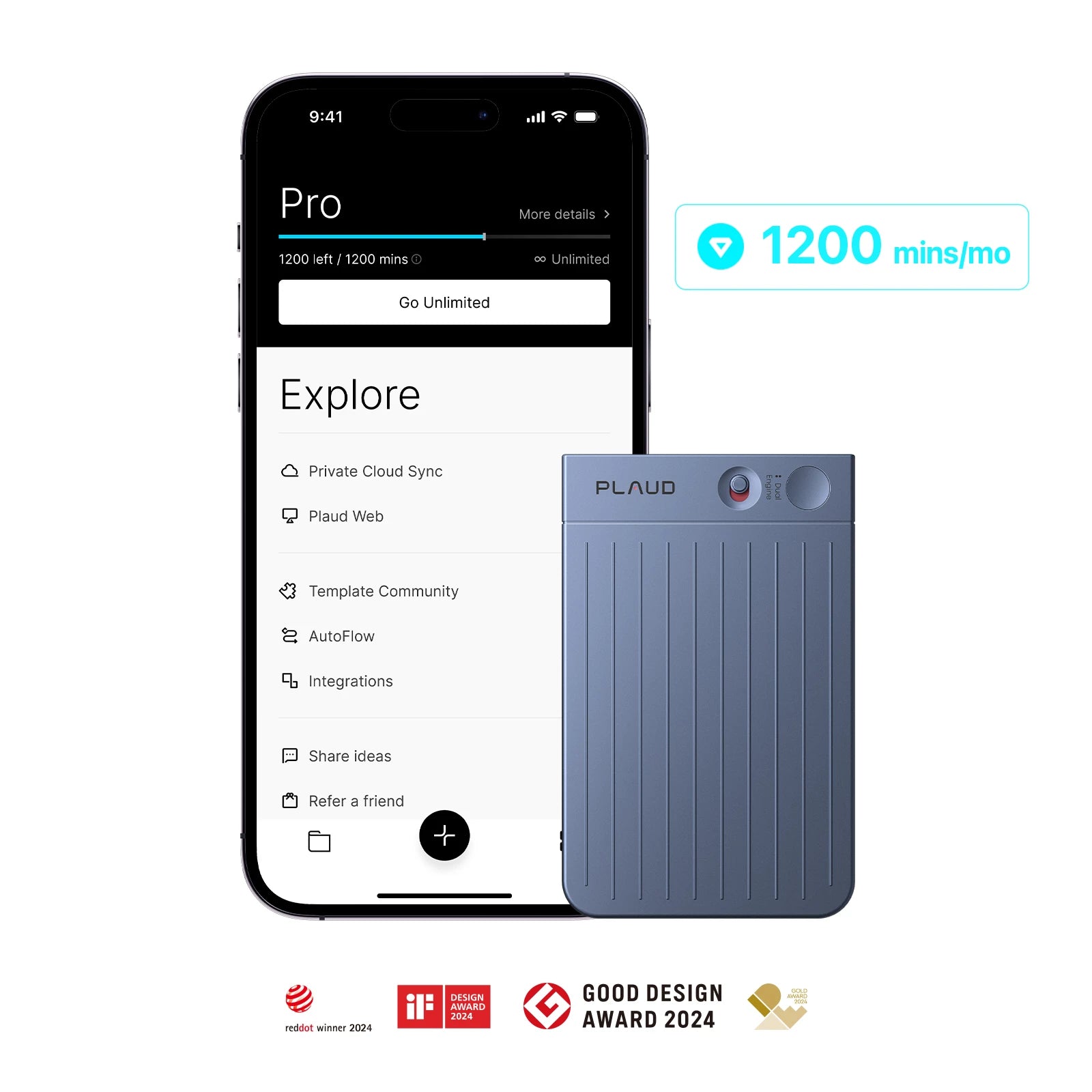 Plaud Note and app showing Pro plan with 1200 mins/mo, featuring Red Dot, iF, and Good Design 2024 awards.