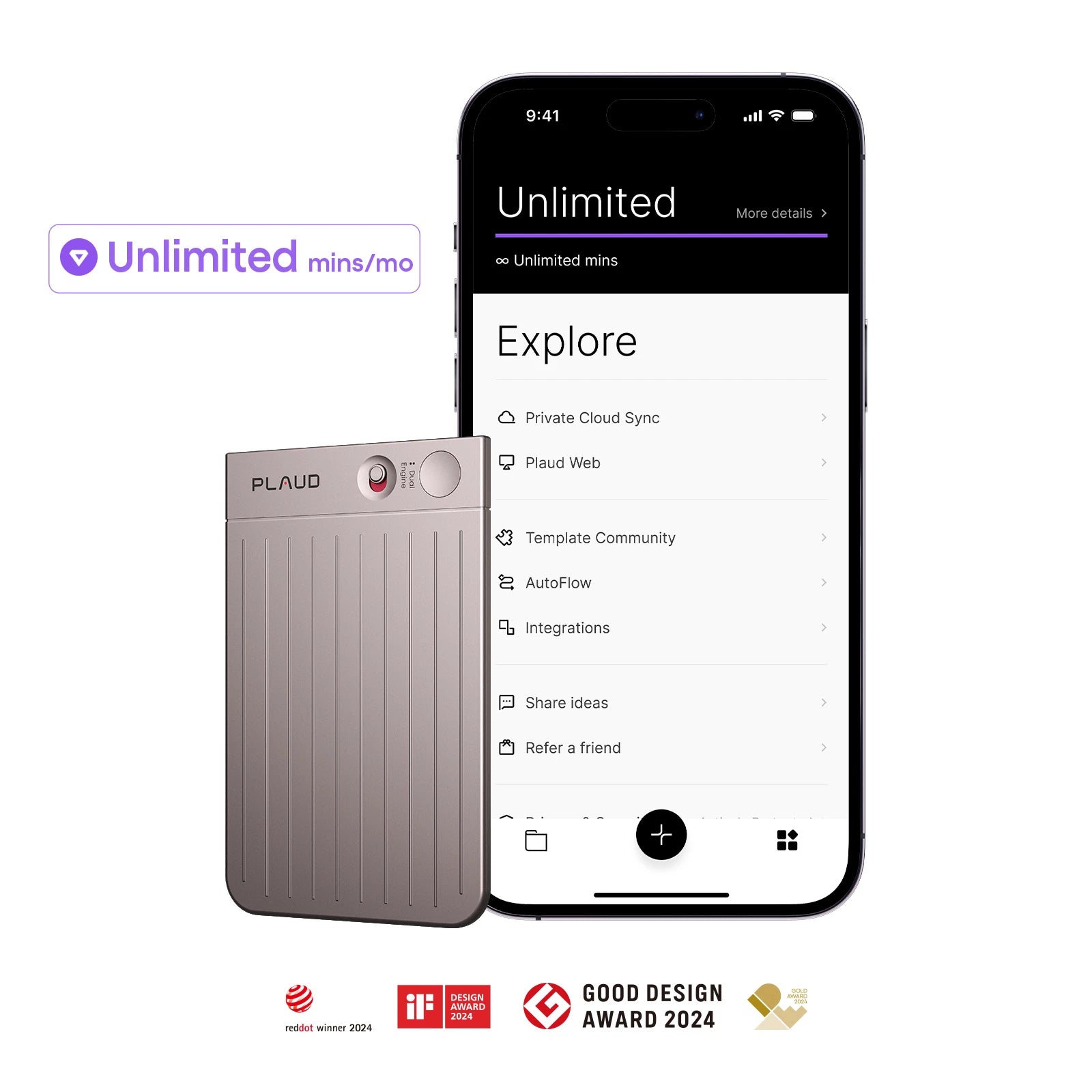 PLAUD NOTE recorder and smartphone app showing the Unlimited plan, cloud sync features, and 2024 design awards.