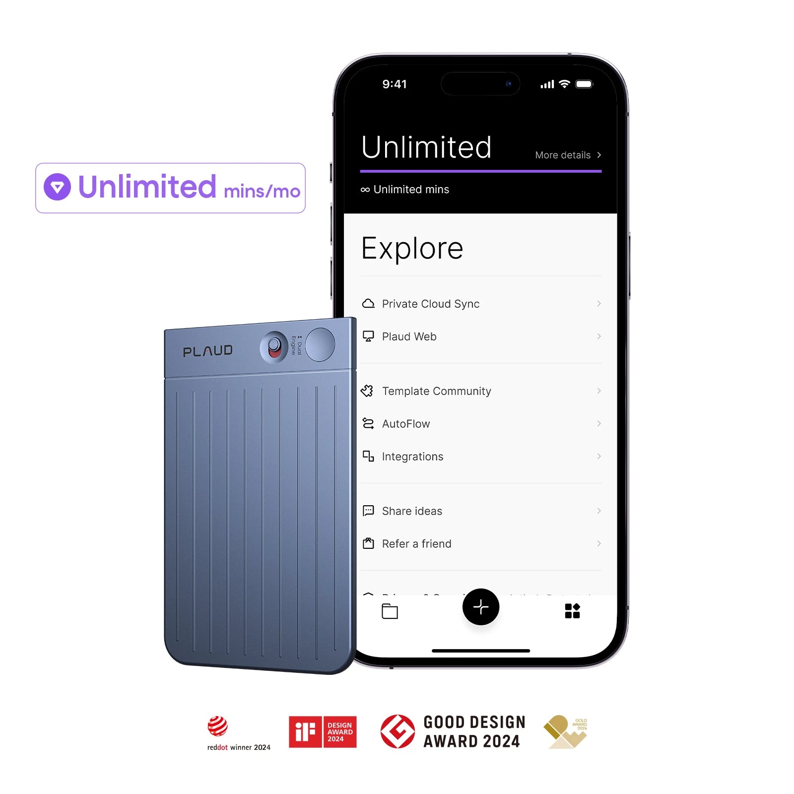 Plaud Note AI recorder next to a phone showing the Unlimited Plaud Intelligence plan and design awards.