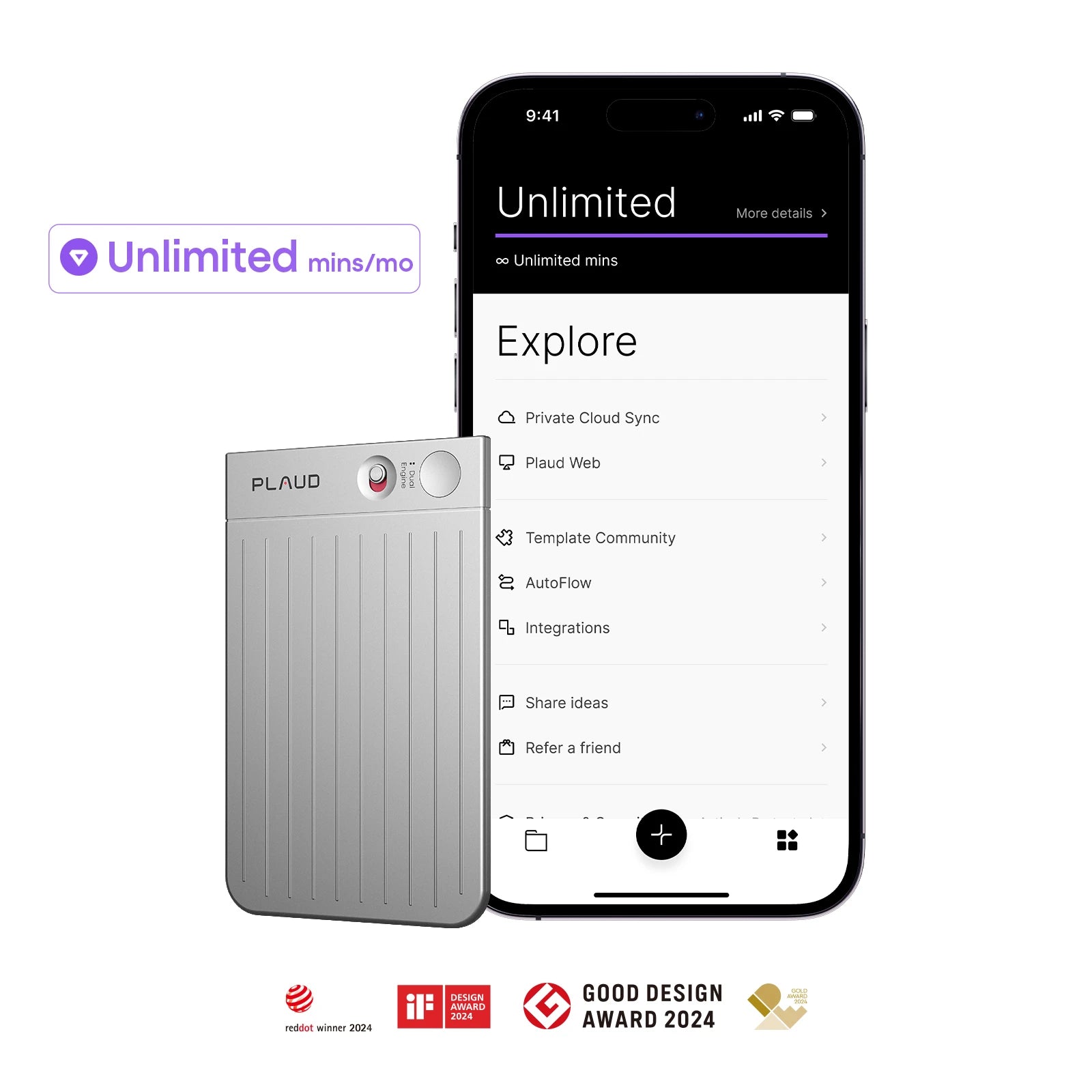 Plaud Note voice recorder with the mobile app displaying unlimited minutes and 2024 design award logos.