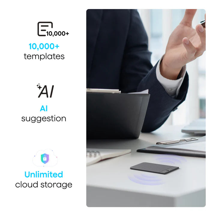 Plaud Note on a desk highlighting 10,000+ templates, AI suggestions, and unlimited cloud storage.