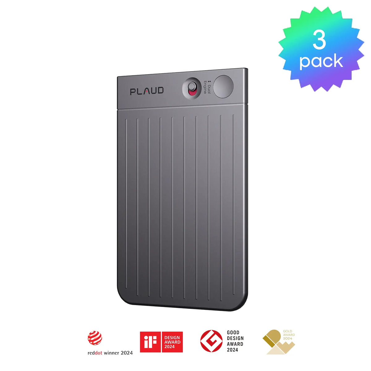 A rectangular gray device labeled “Plaud & AI Plan test- subscription-系列” features a button and red light, with “3 pack” highlighted in a colorful burst at the top right. Four design award icons are displayed along the bottom.