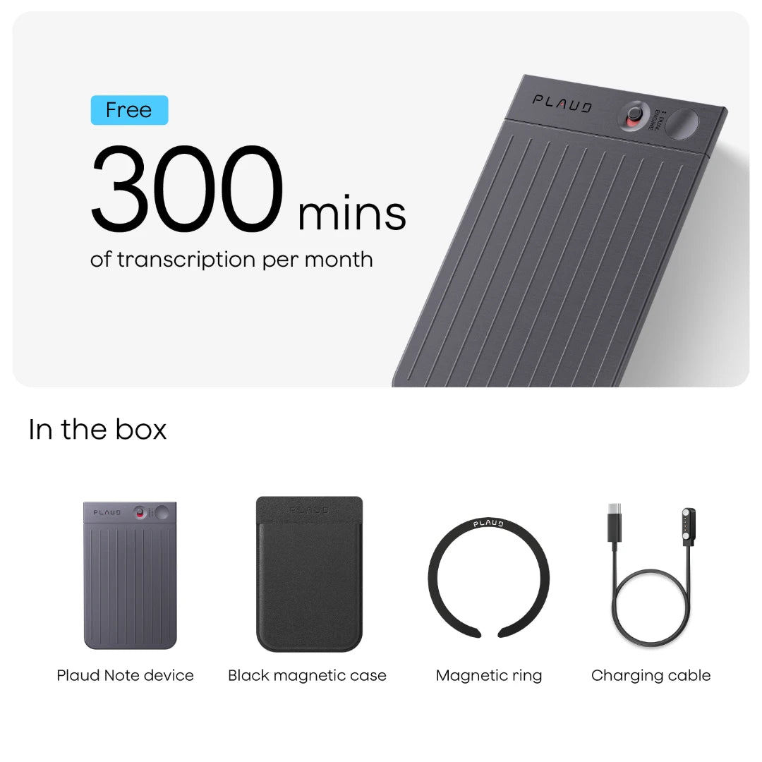 Plaud Note includes 300 free transcription minutes monthly, magnetic case, ring, and charging cable.