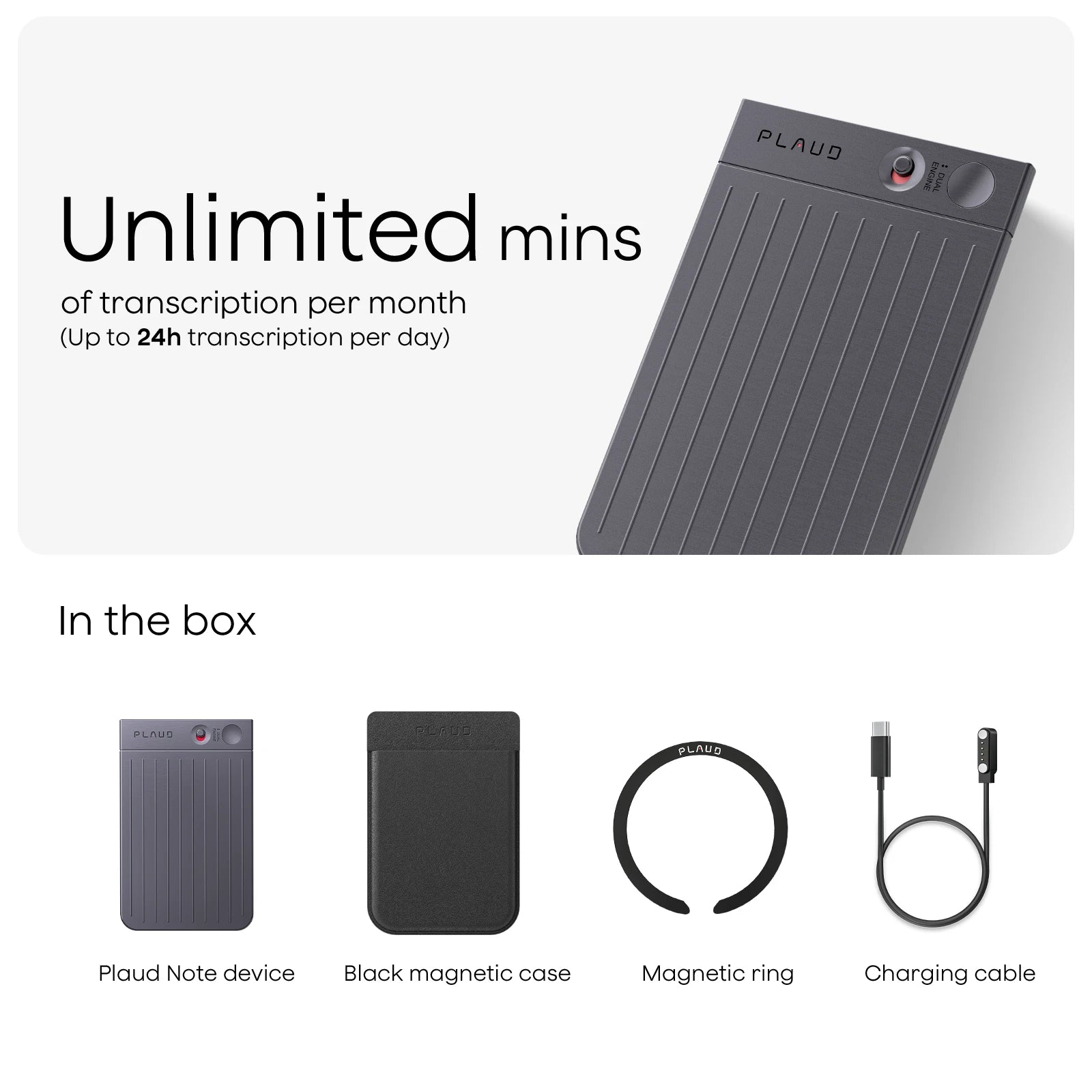 Plaud Note: Unlimited transcription. Box includes device, black magnetic case, magnetic ring, and charging cable.